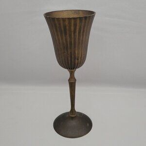 Vtg Solid Brass RIH India 7" Wine Goblet Glass Chalice Ribbed Fluted Aged Patina